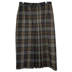 Vtg Bristol County 100% Pure Wool Front Pleated Plaid Midi Skirt Pockets Size 12
